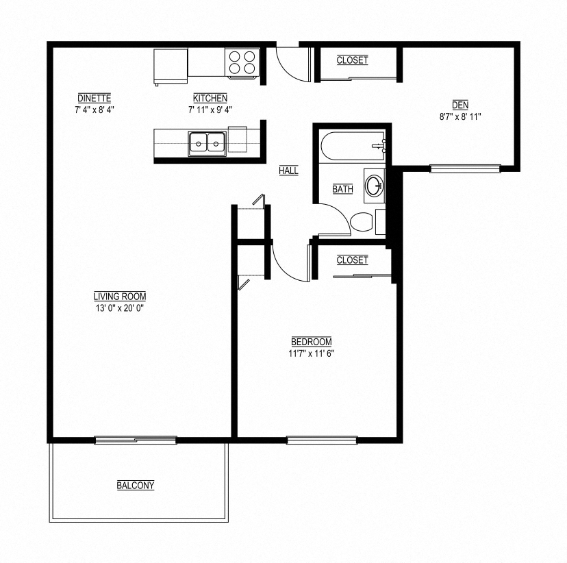 Floor plan for 1 bed, 1 bath, 780 sqft